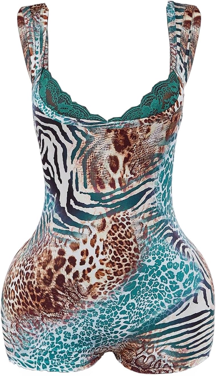 WDIRARA Women's Leopard Sleeveless Bodycon Romper Lace Trim Shorts Jumpsuits Unitards - Image 1